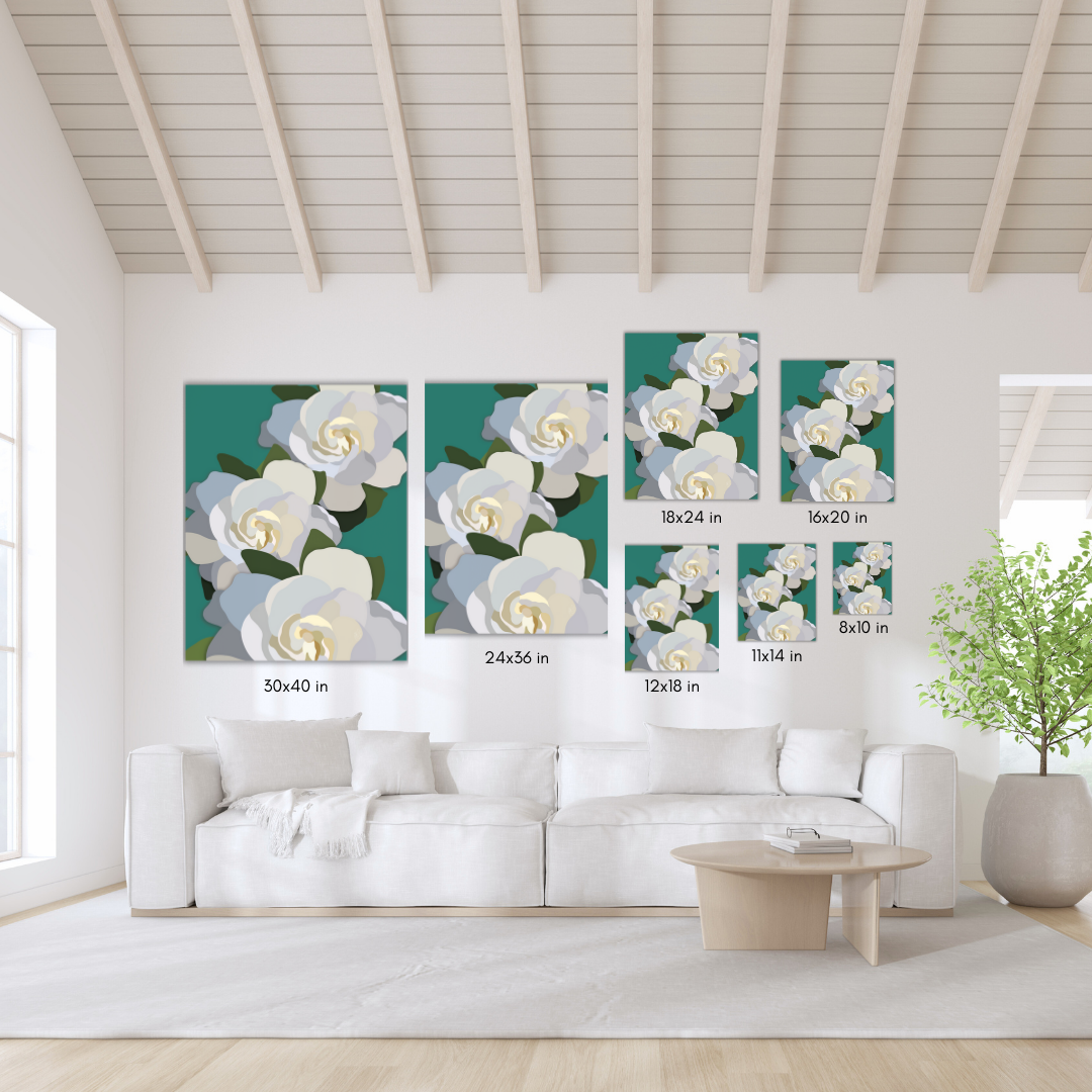 White Flowers with Teal Canvas Print