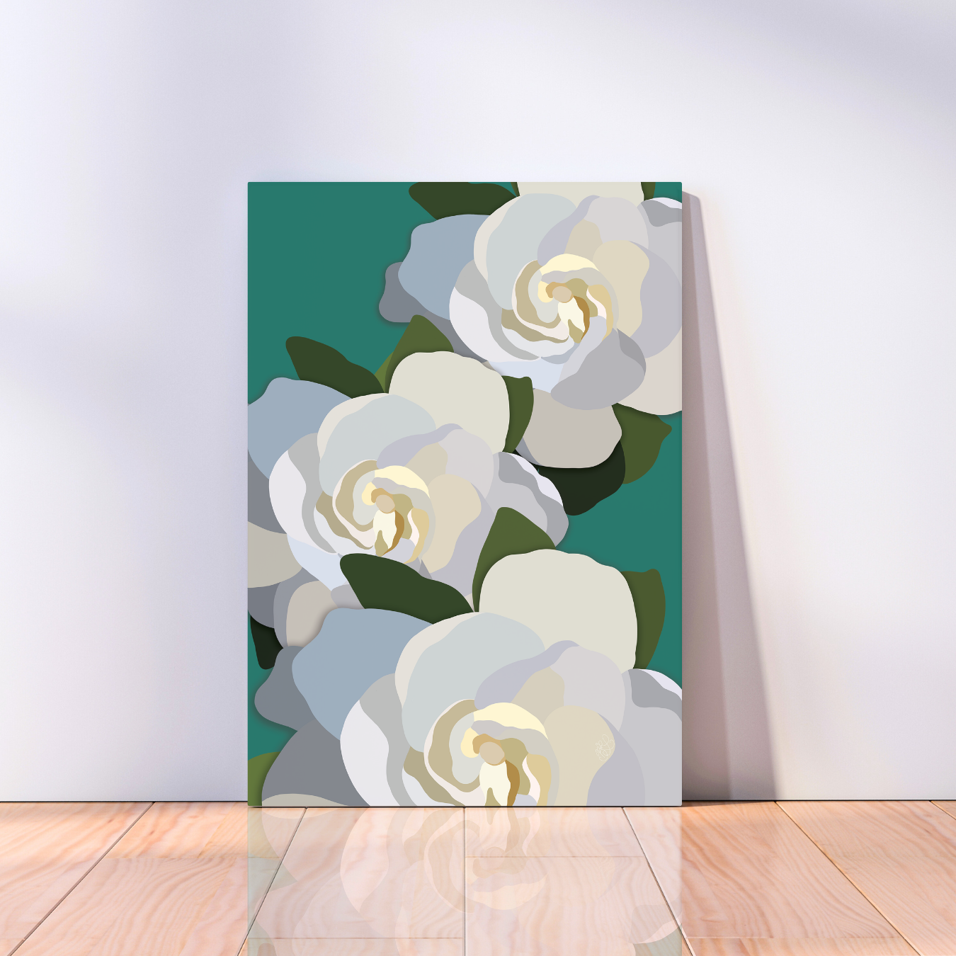 White Flowers with Teal Canvas Print