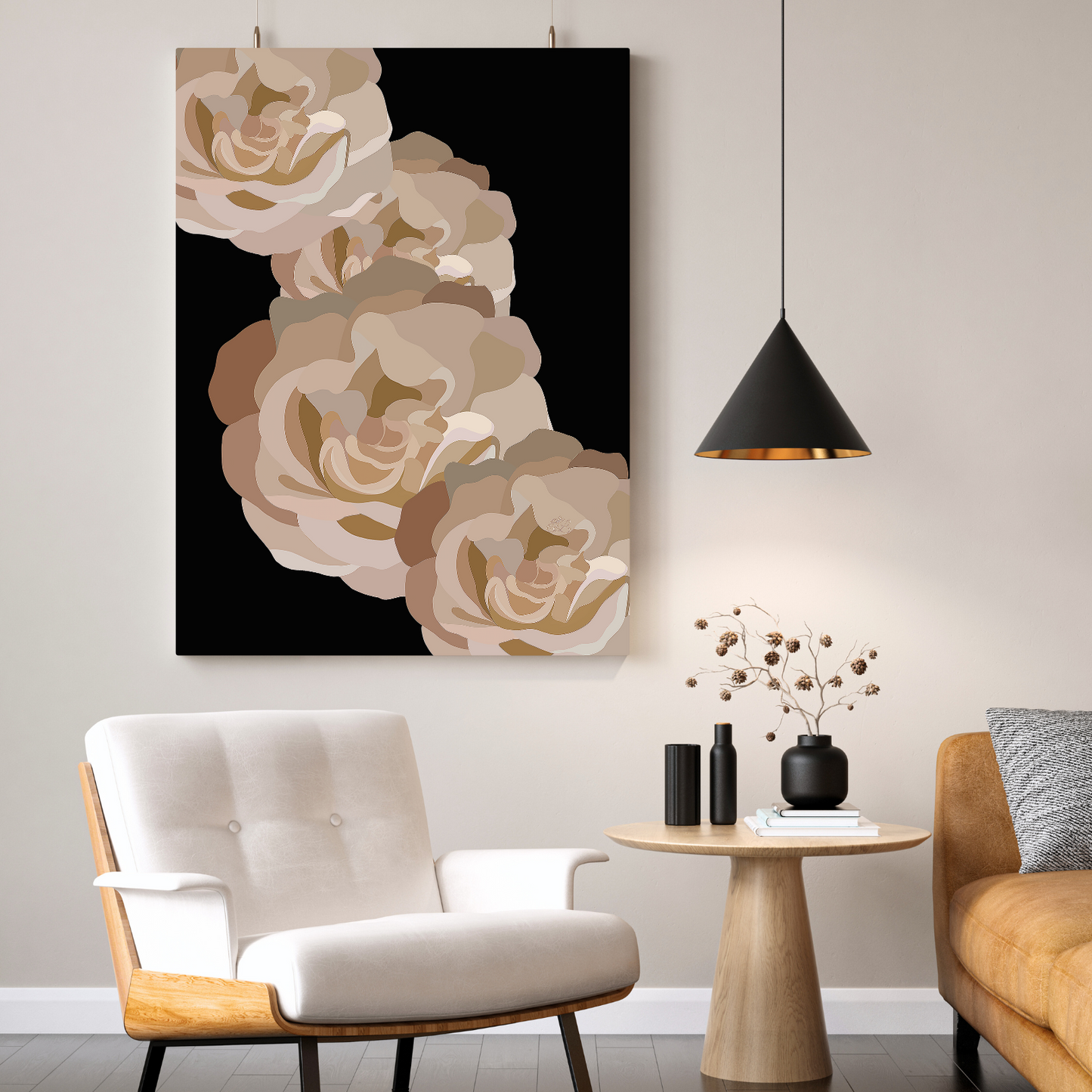 Neutral Floral and Black Canvas Print