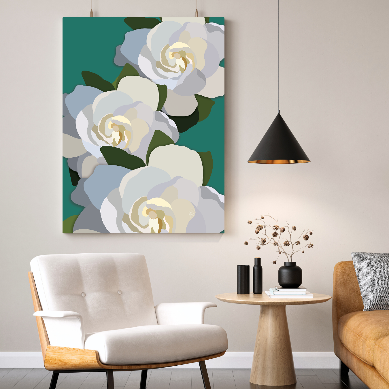 White Flowers with Teal Canvas Print