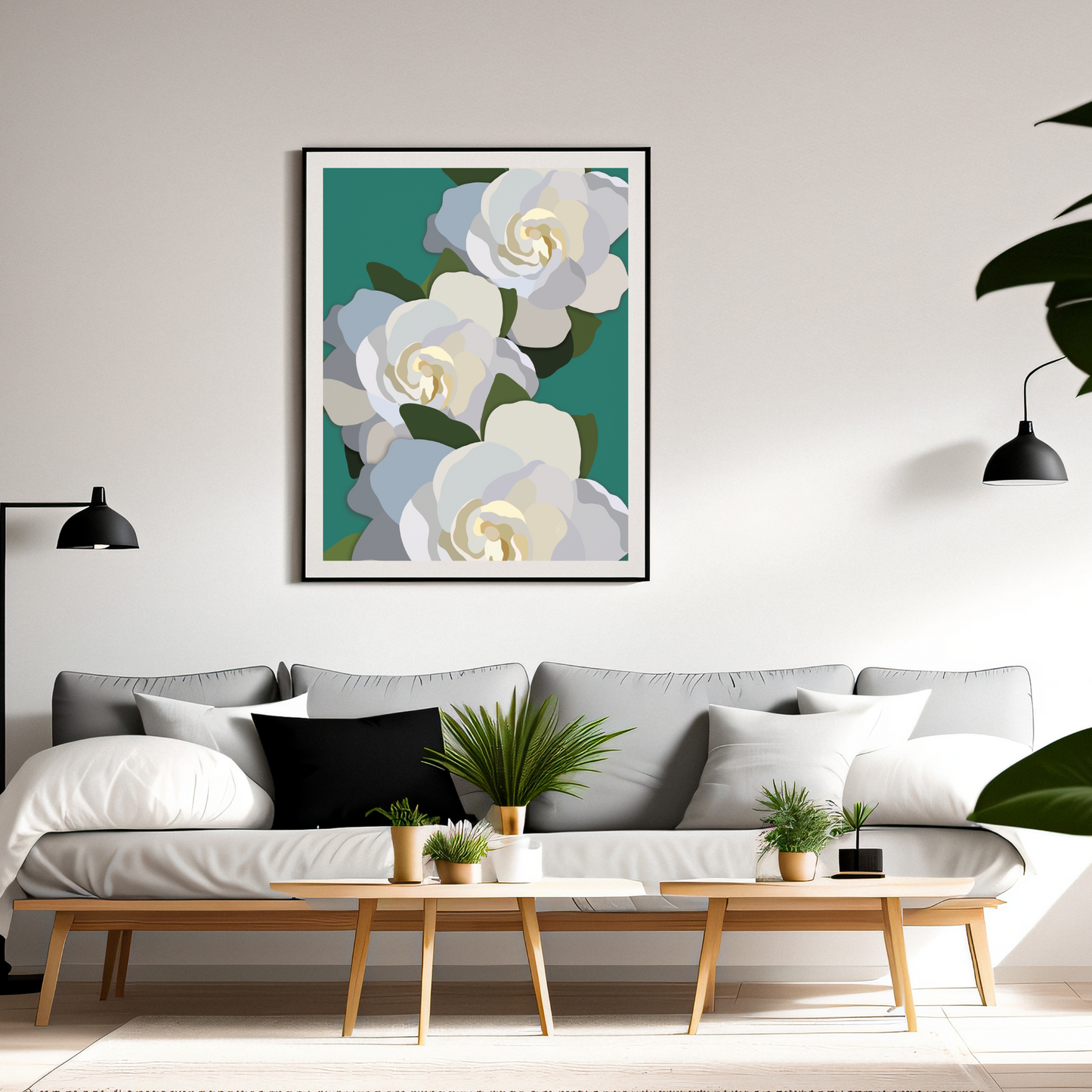 White Flowers with Teal Art Print