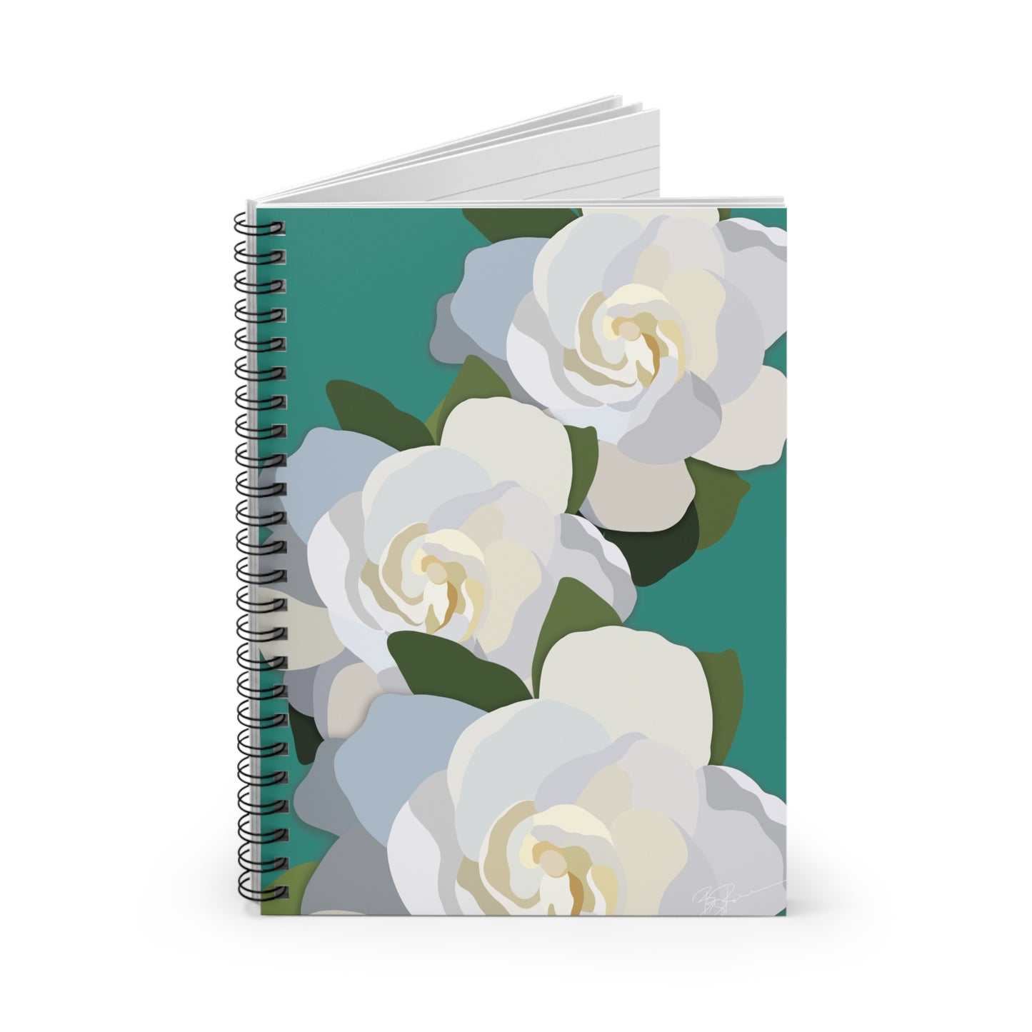 White Flowers with Teal Spiral Notebook