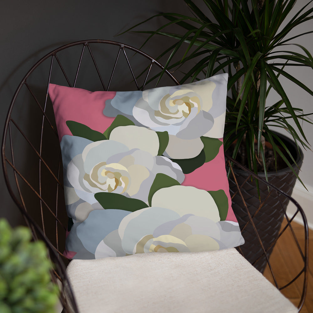 White Flowers with Pink Throw Pillow