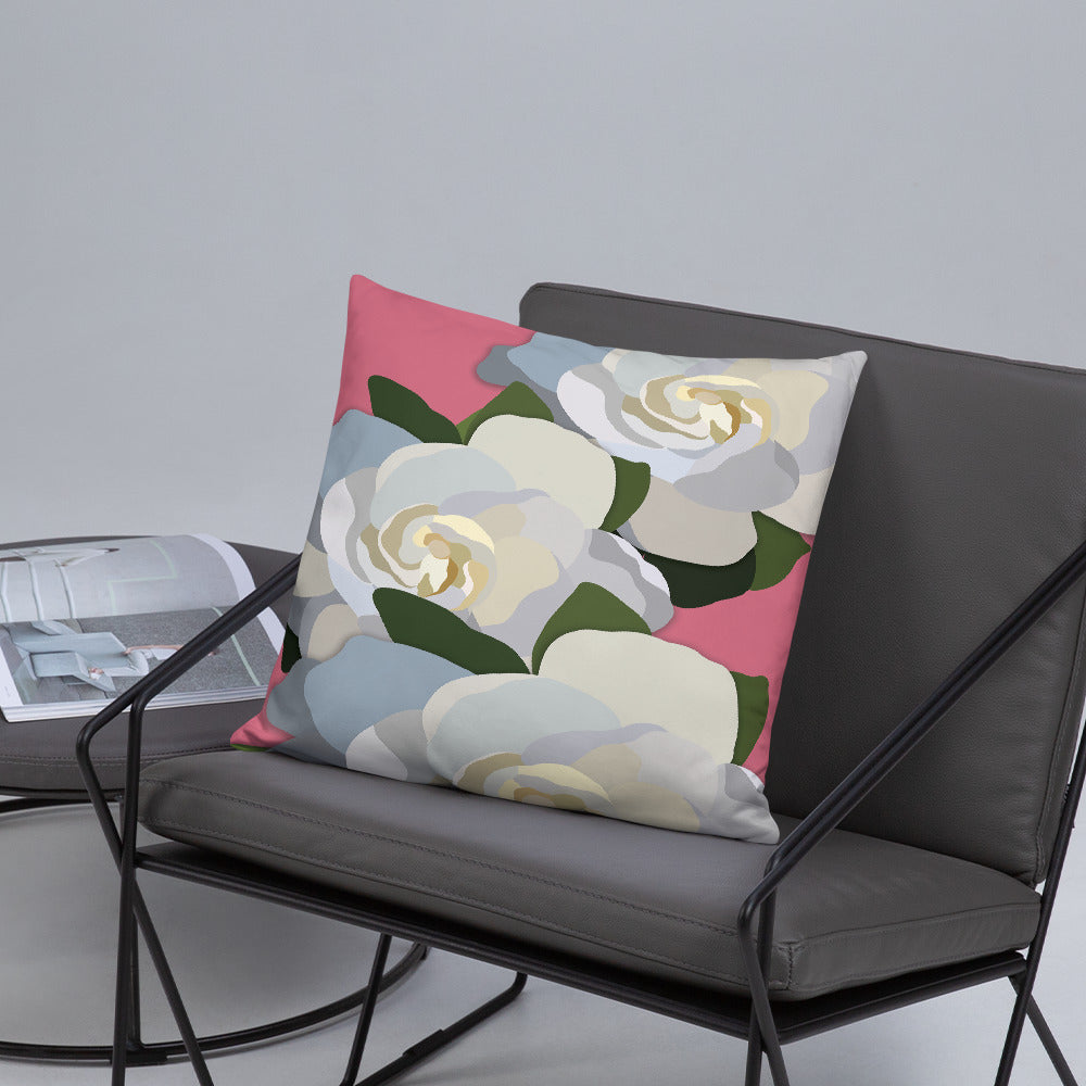 White Flowers with Pink Throw Pillow