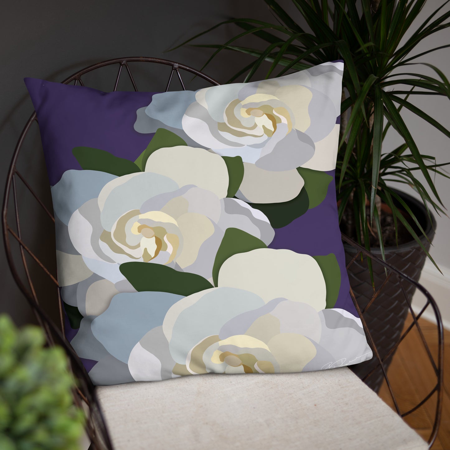 White Flowers with Purple Throw Pillow
