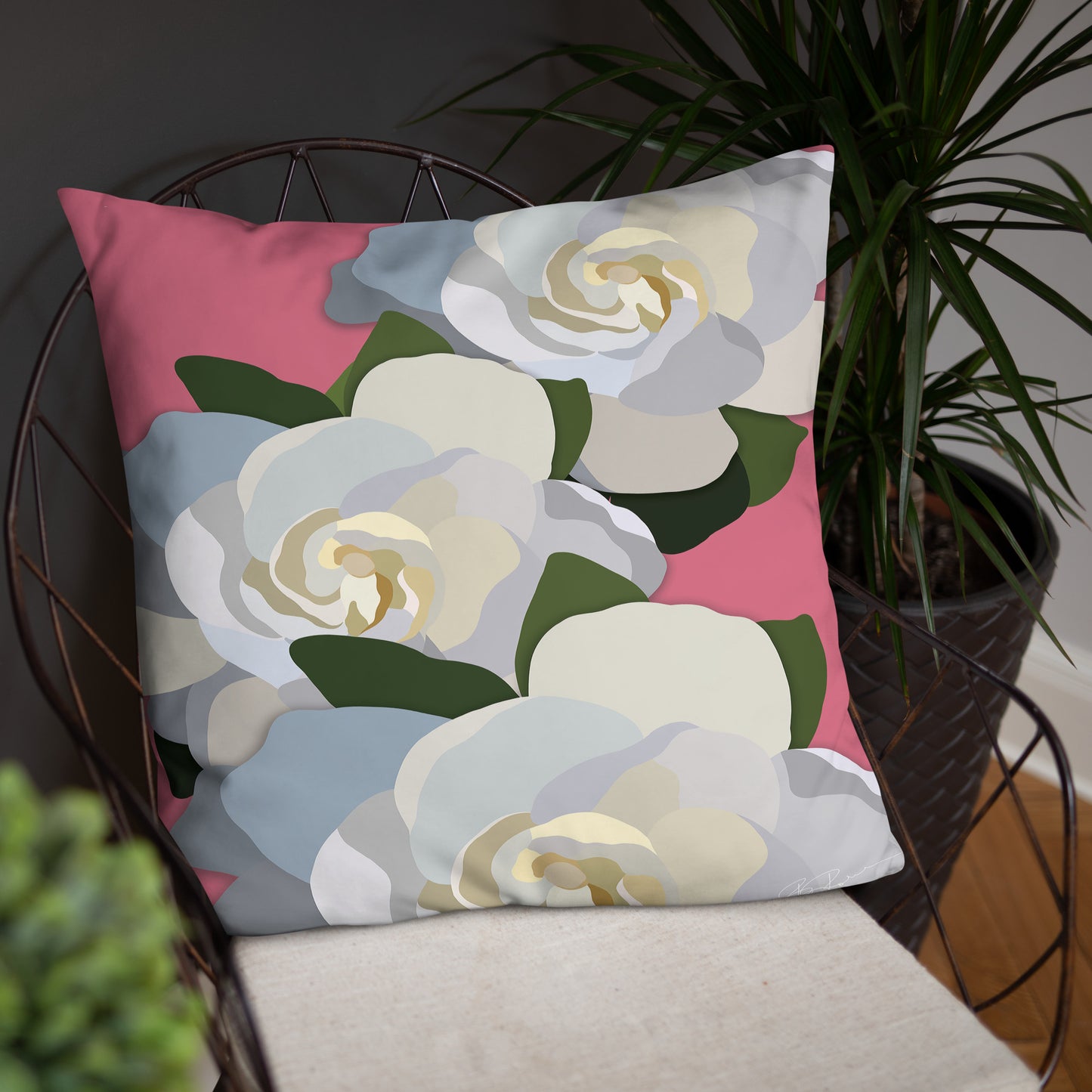 White Flowers with Pink Throw Pillow