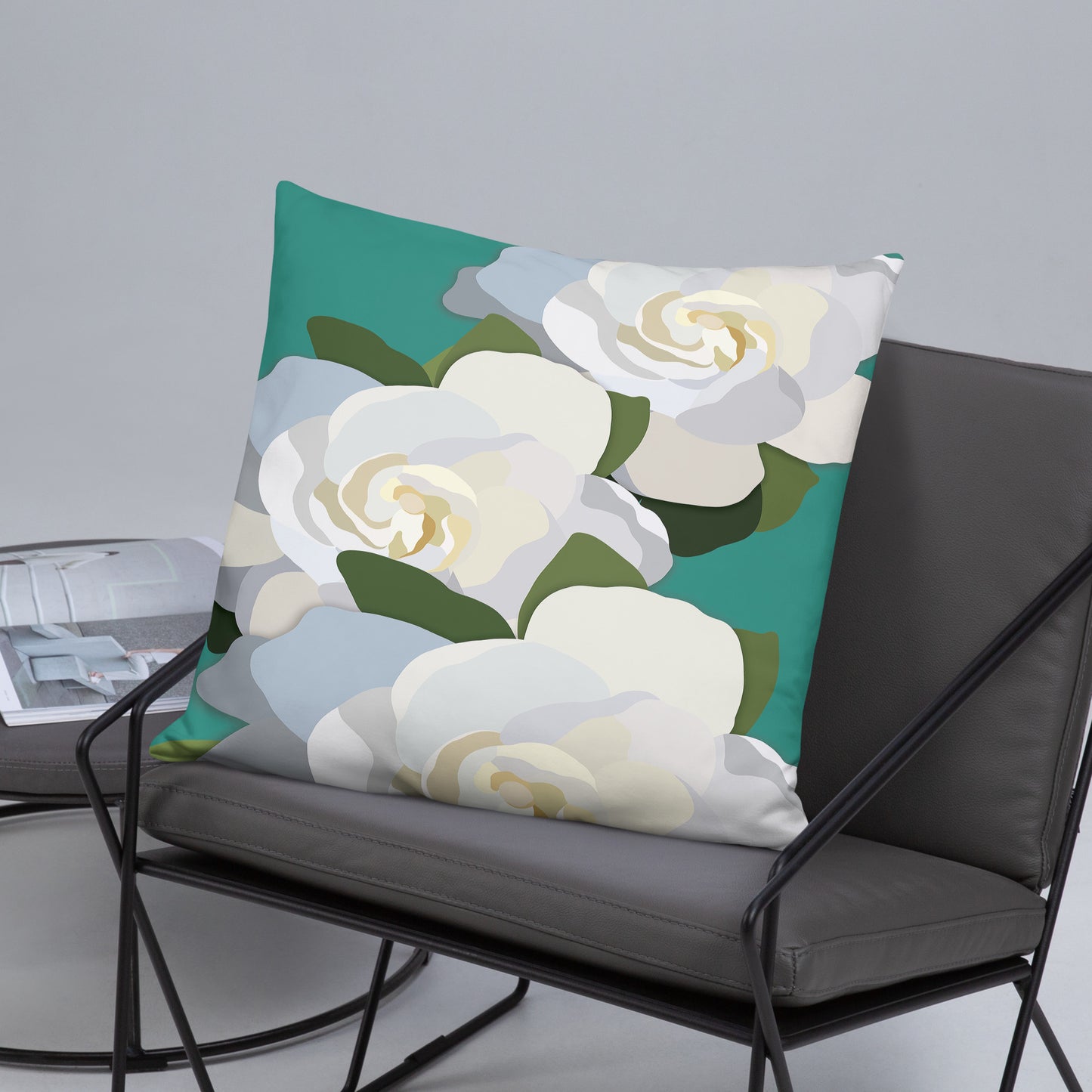 White Flowers with Teal Throw Pillow