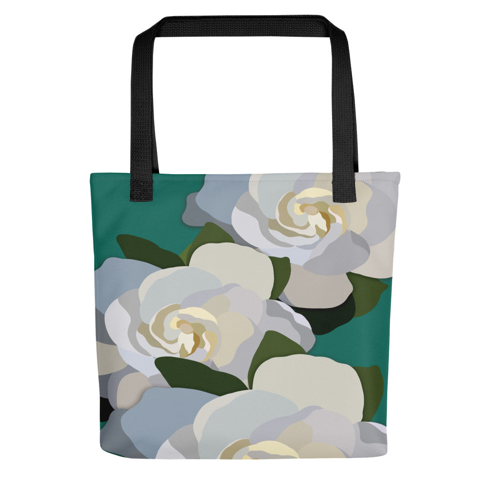 White Flowers with Teal Tote Bag