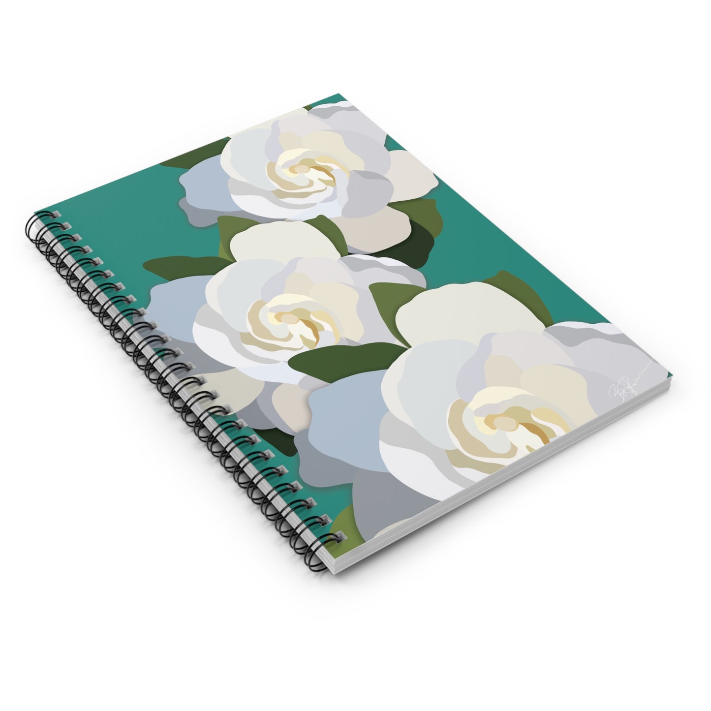 White Flowers with Teal Spiral Notebook