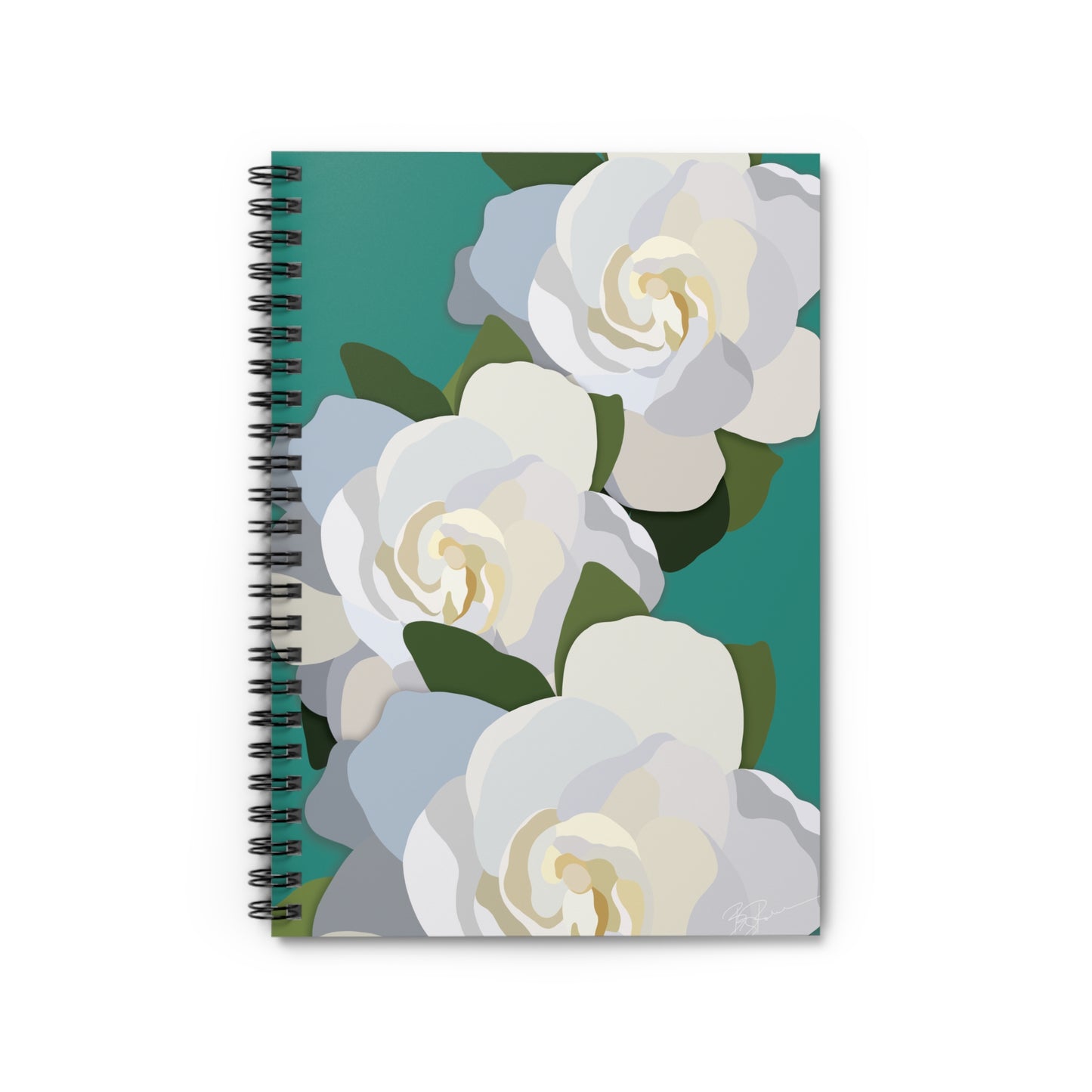 White Flowers with Teal Spiral Notebook