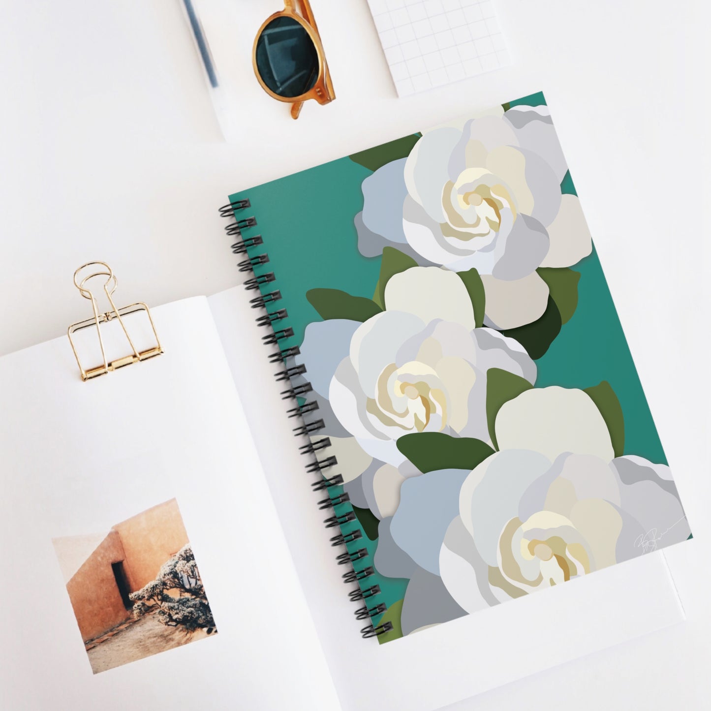 White Flowers with Teal Spiral Notebook