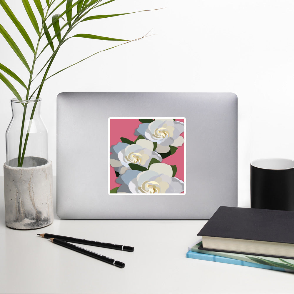 White Flowers with Pink Sticker