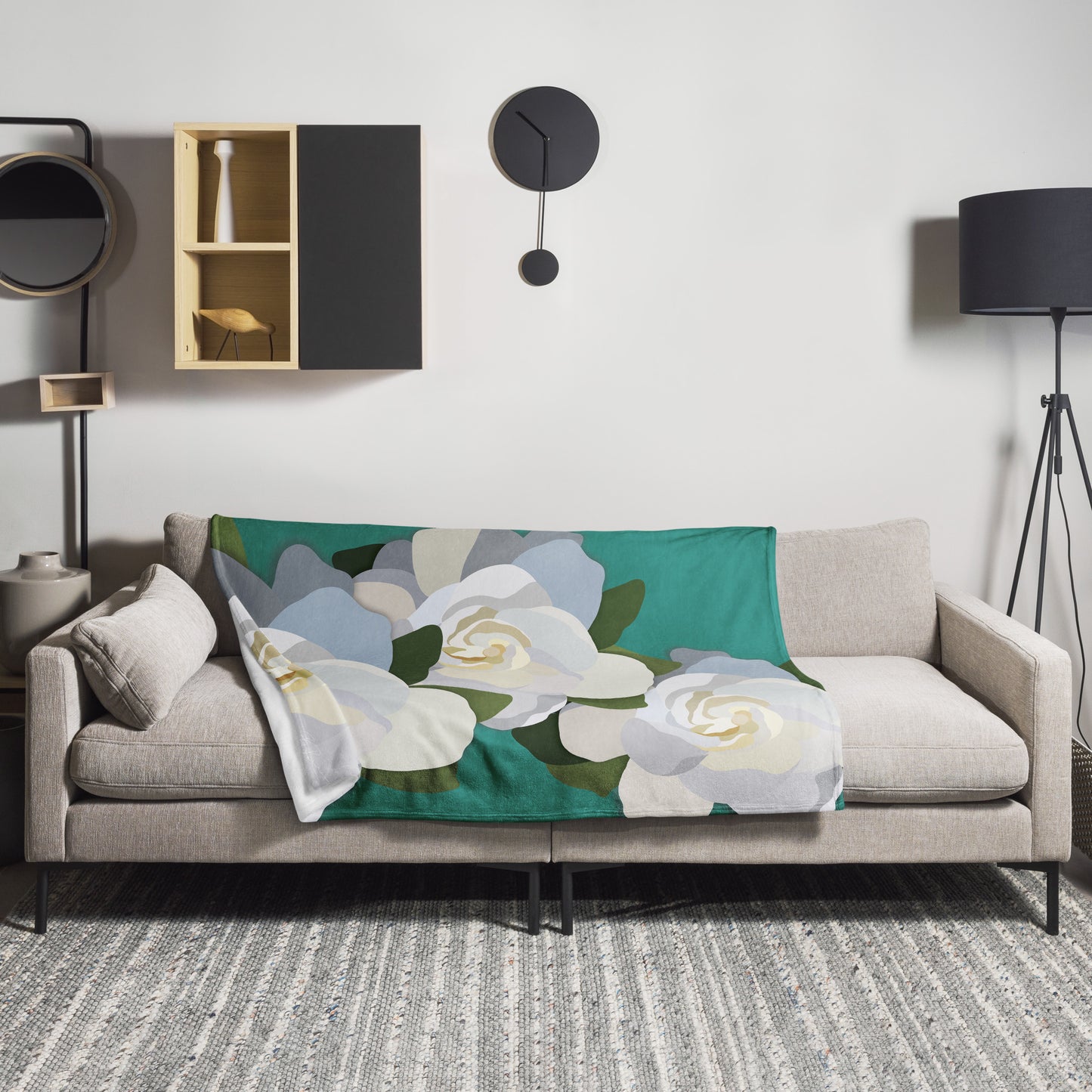 White Flowers with Teal Throw Blanket