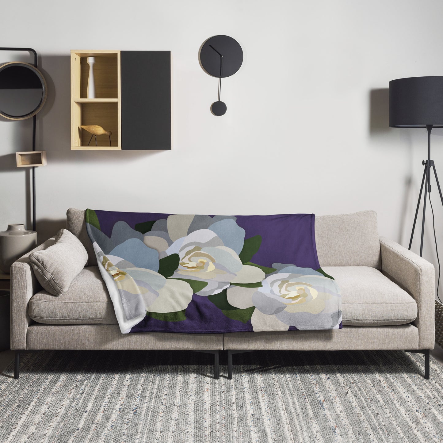 White Flowers with Purple Throw Blanket