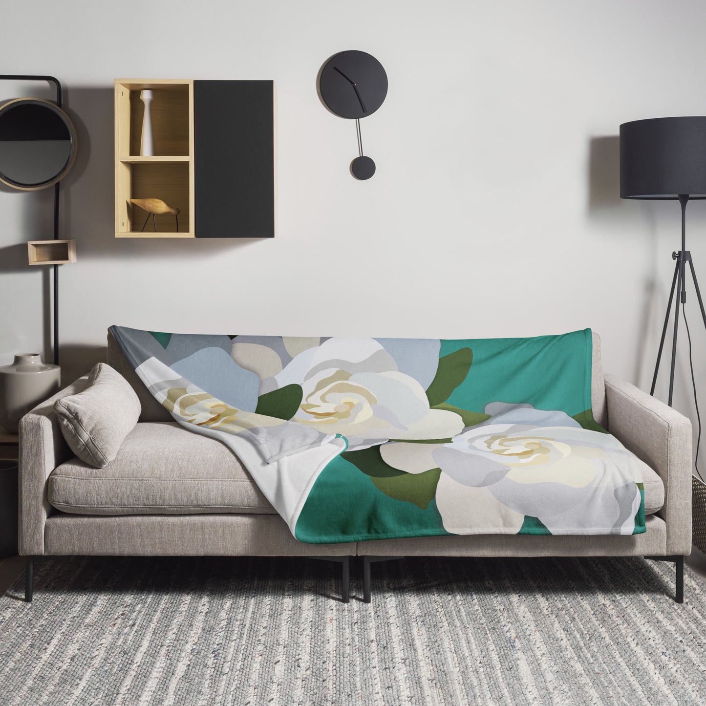 White Flowers with Teal Throw Blanket
