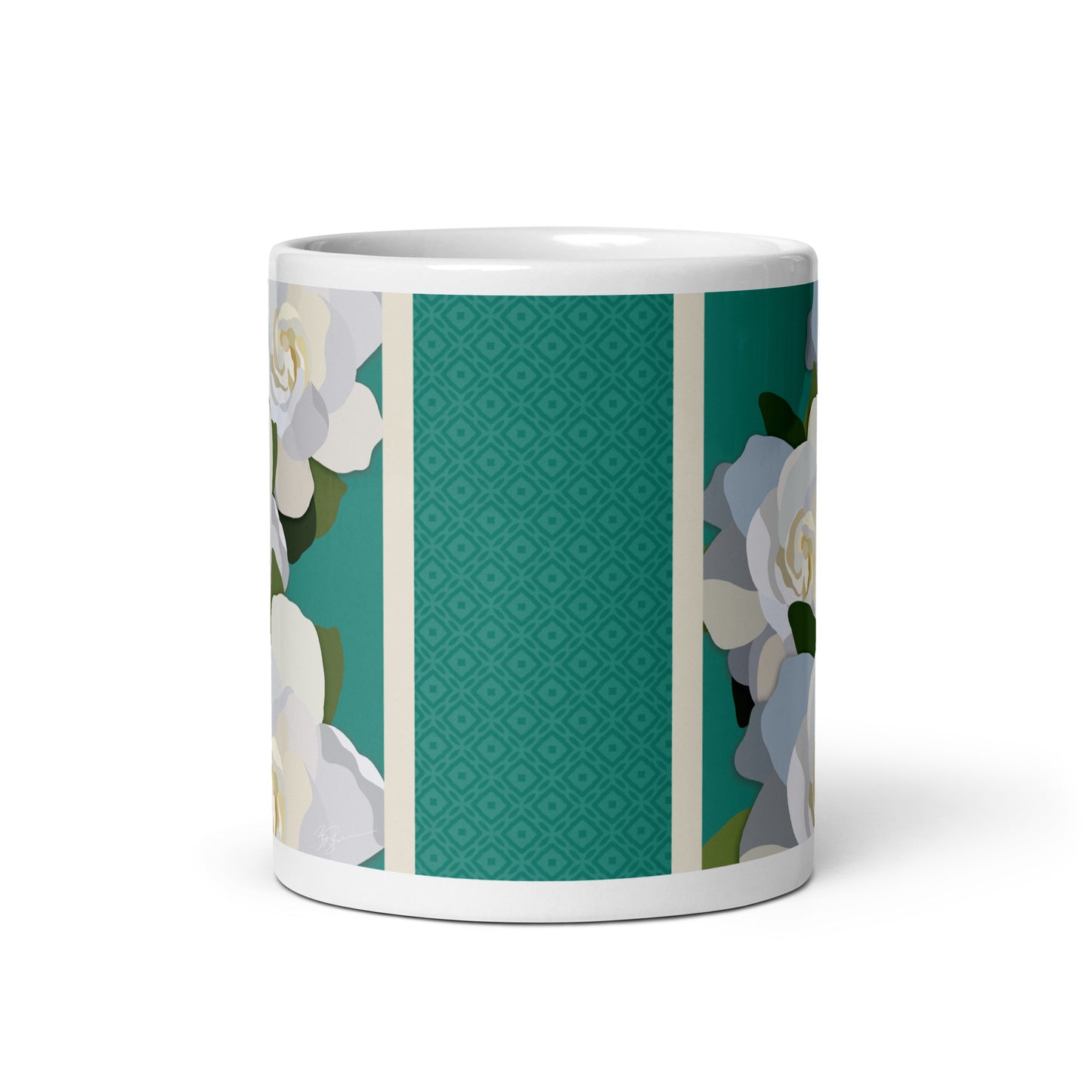 White Flowers with Teal Mug