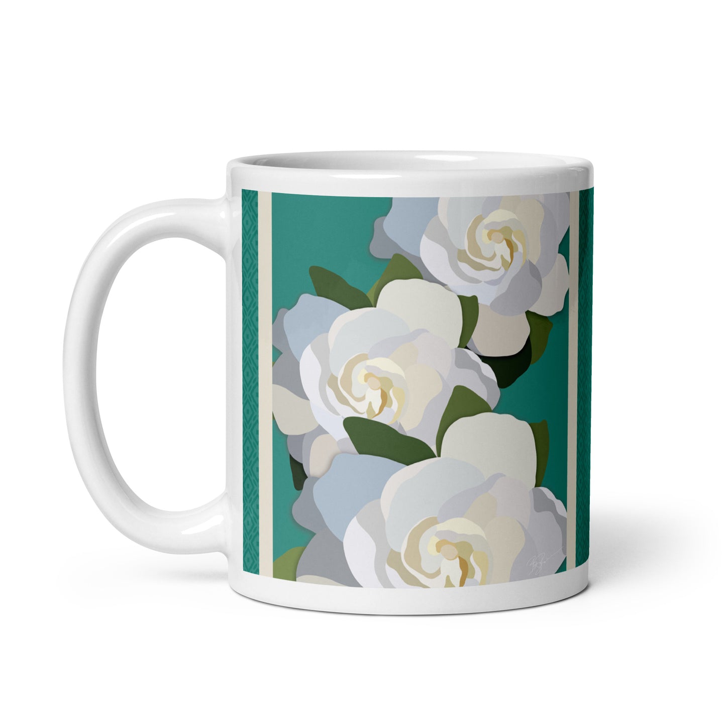 White Flowers with Teal Mug