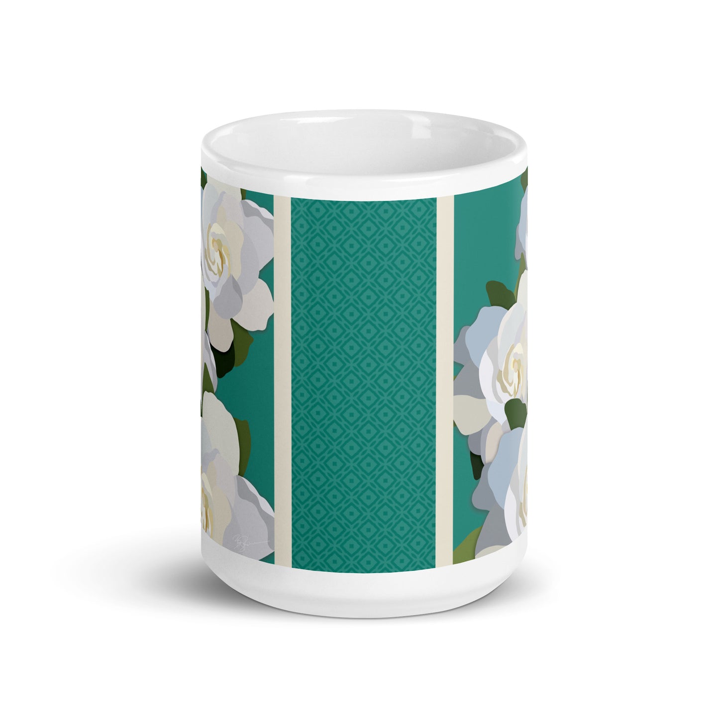 White Flowers with Teal Mug