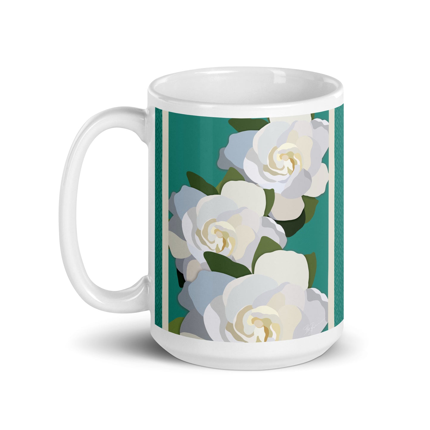 White Flowers with Teal Mug