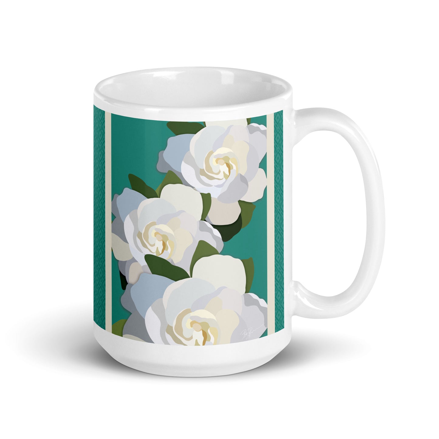 White Flowers with Teal Mug