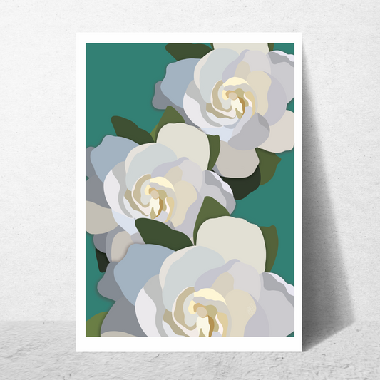 White Flowers with Teal Art Print