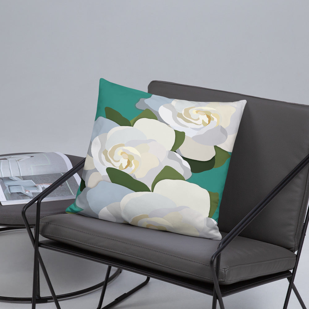 White Flowers with Teal Throw Pillow