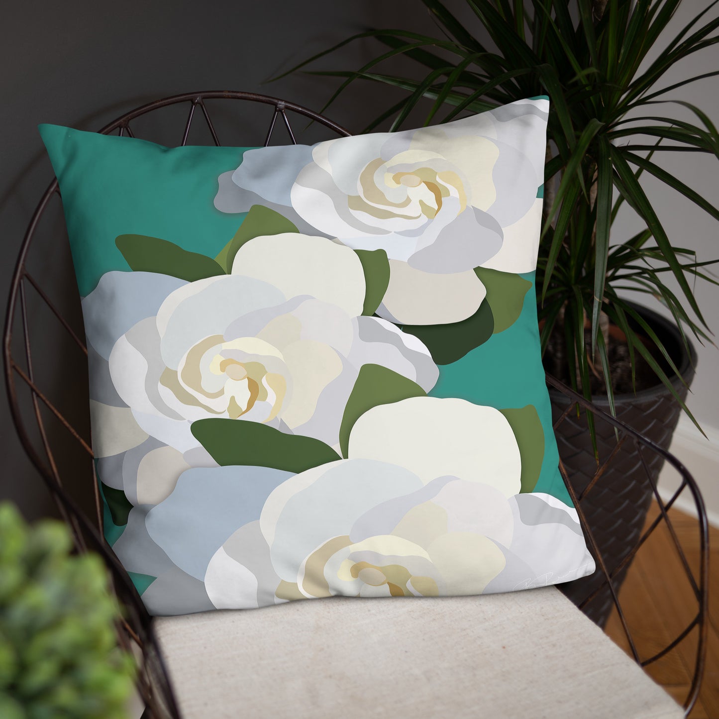White Flowers with Teal Throw Pillow