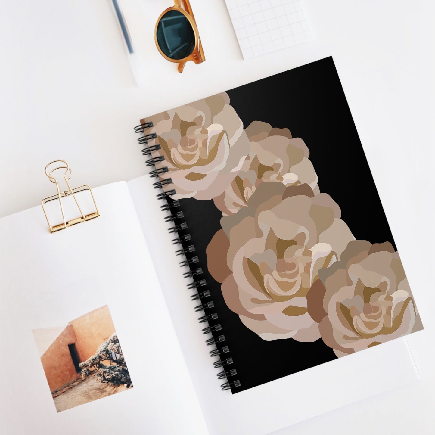 Neutral and Black Floral Print Spiral Notebook