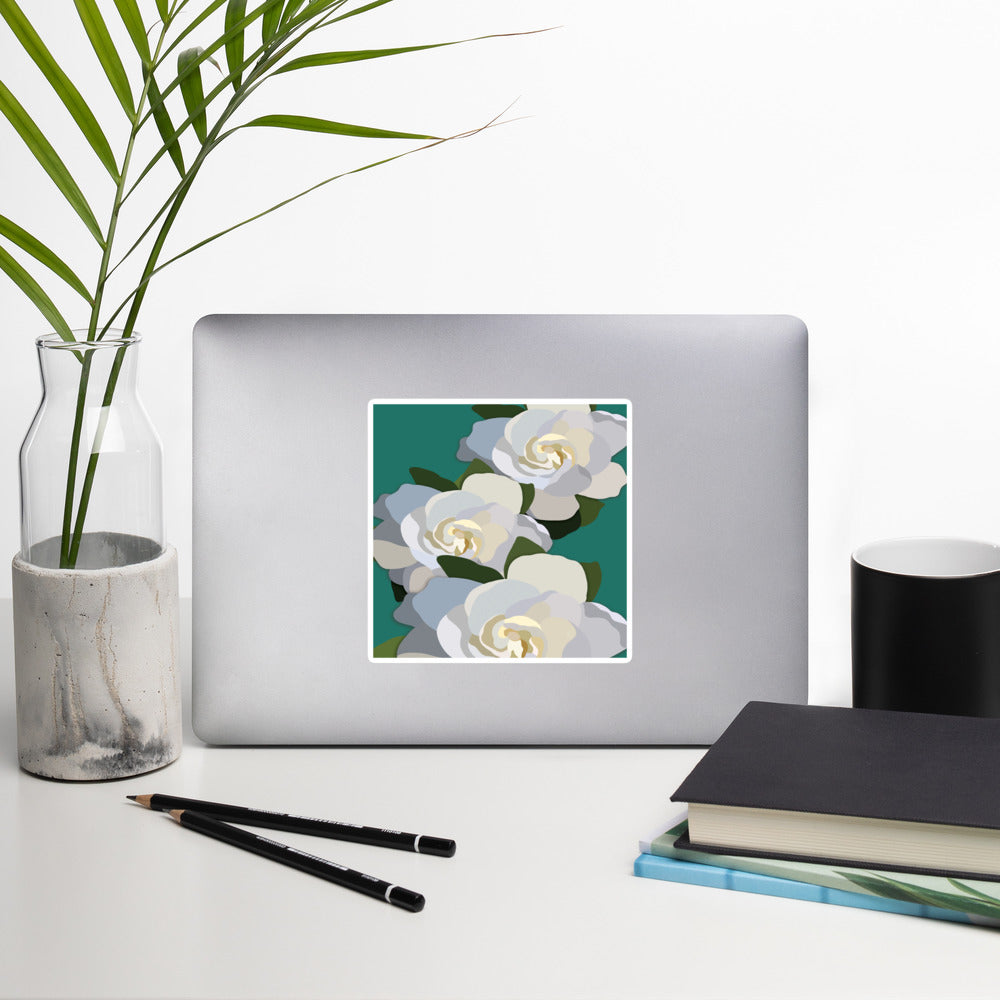 White Flowers with Teal Sticker