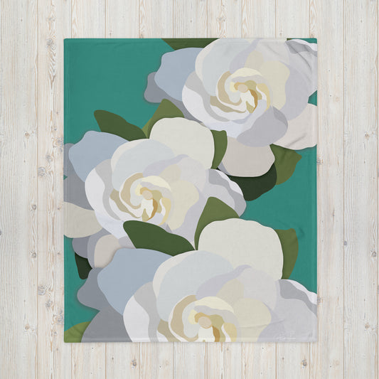 White Flowers with Teal Throw Blanket