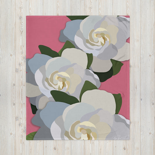 White Flowers with Pink Throw Blanket