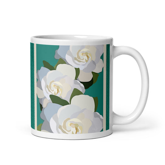 White Flowers with Teal Mug